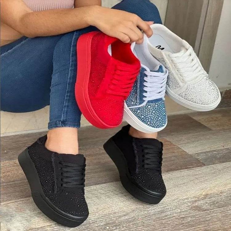 Plus size women's low-top casual shoes with rhinestones, lace-up front, and thick rubber sole.