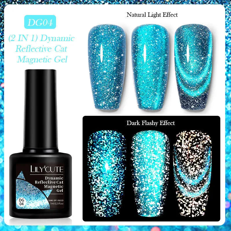 Diamond In The Debris Cat Eye Series UV Gel Nail Polish bottle in one of six glittery colours with nail glue.