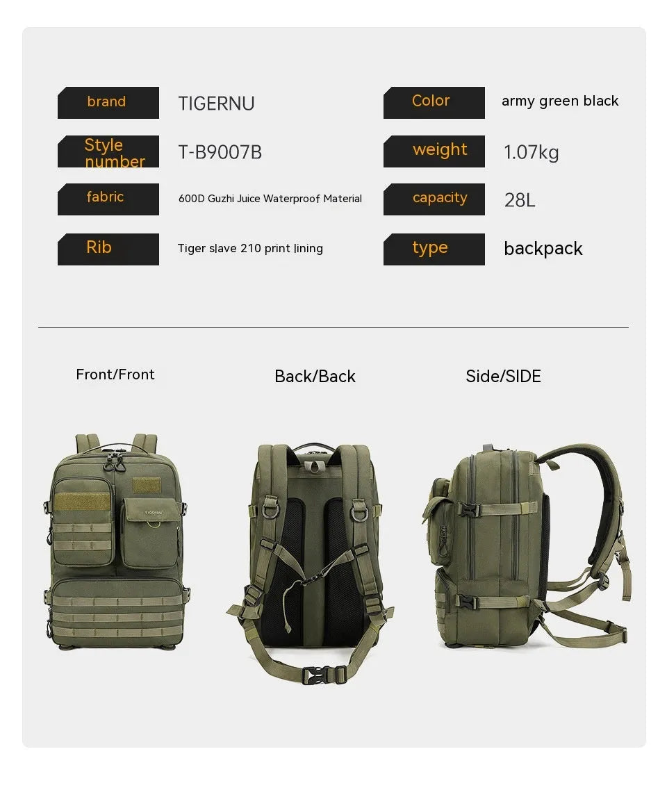Army Green 17-inch tactical backpack with multiple compartments, shown outdoors.