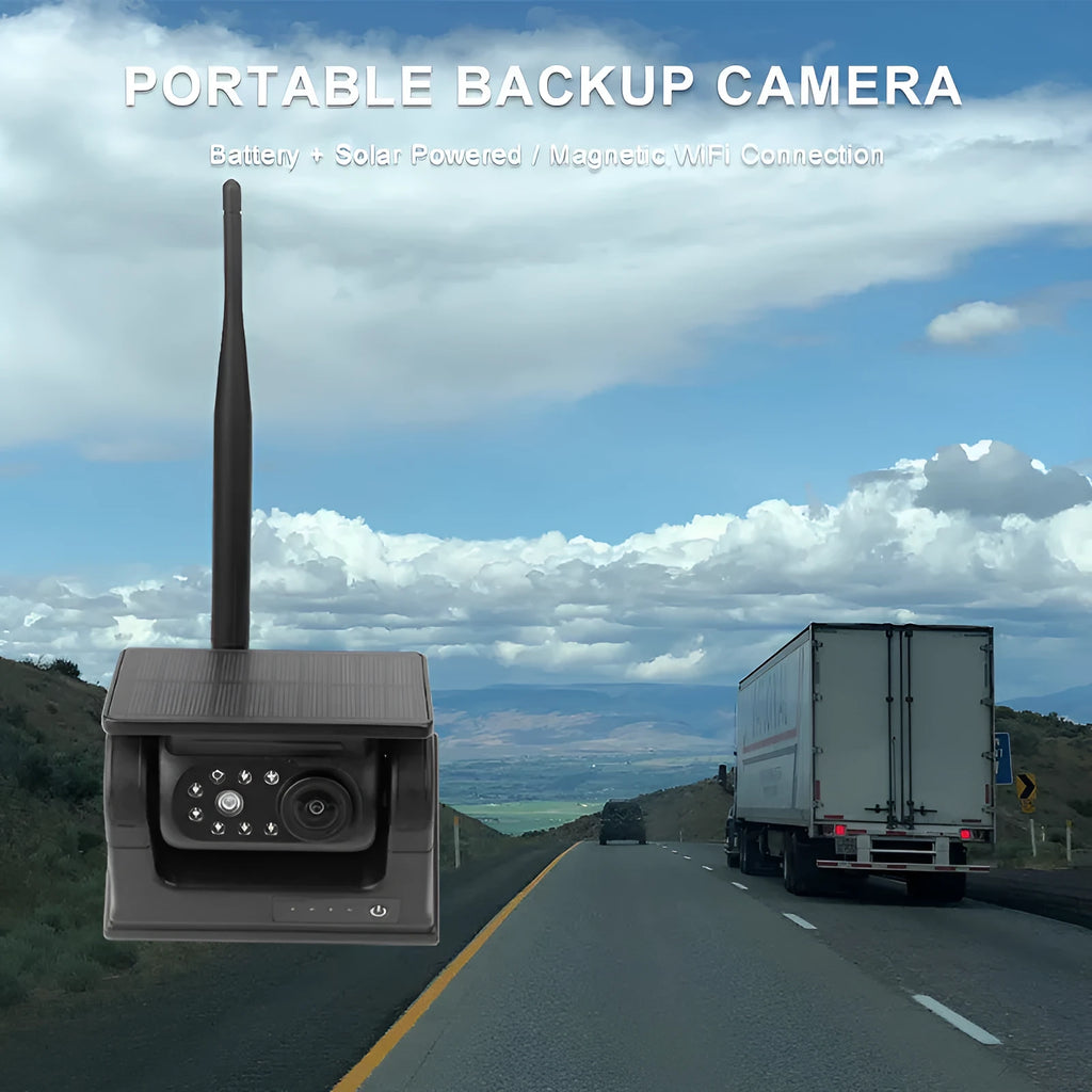 Solar-powered wireless car reversing camera with magnetic base, showing aluminum alloy housing and wide-angle lens.