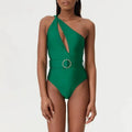 Women's one-piece swimsuit with gauze skirt in polyester fabric showing double shoulder design