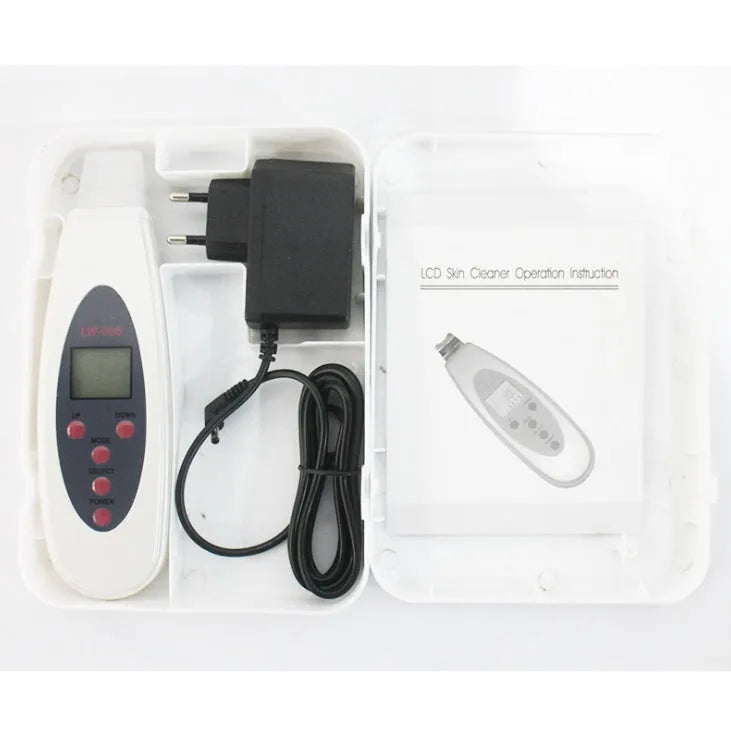 White ultrasonic skin cleaner with blackhead remover function, 28000Hz vibration, mild heating, ABS body, 1.75m cable.