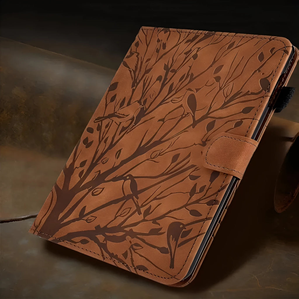 Imitation leather tablet protective case in multiple colours with a built-in stand bracket open.