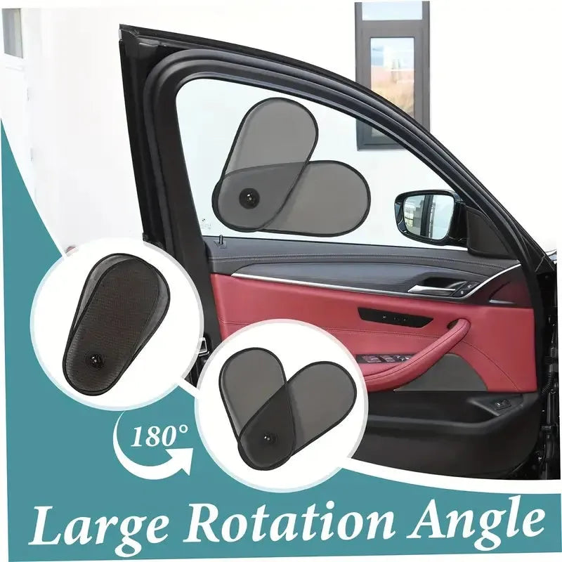 Black adjustable car window shade with suction cups mounted on vehicle side window