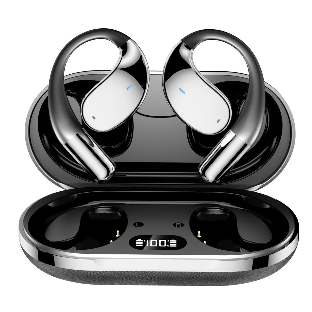 Black sports Bluetooth earphones with ear-mounted design showing digital display screen