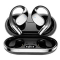 Black sports Bluetooth earphones with ear-mounted design showing digital display screen