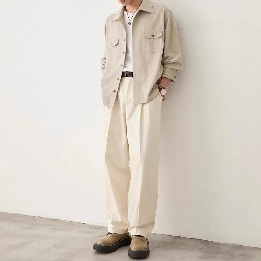 Men's long sleeve shirt with cotton fabric lapel in light sand rice colour, showing simple profile design