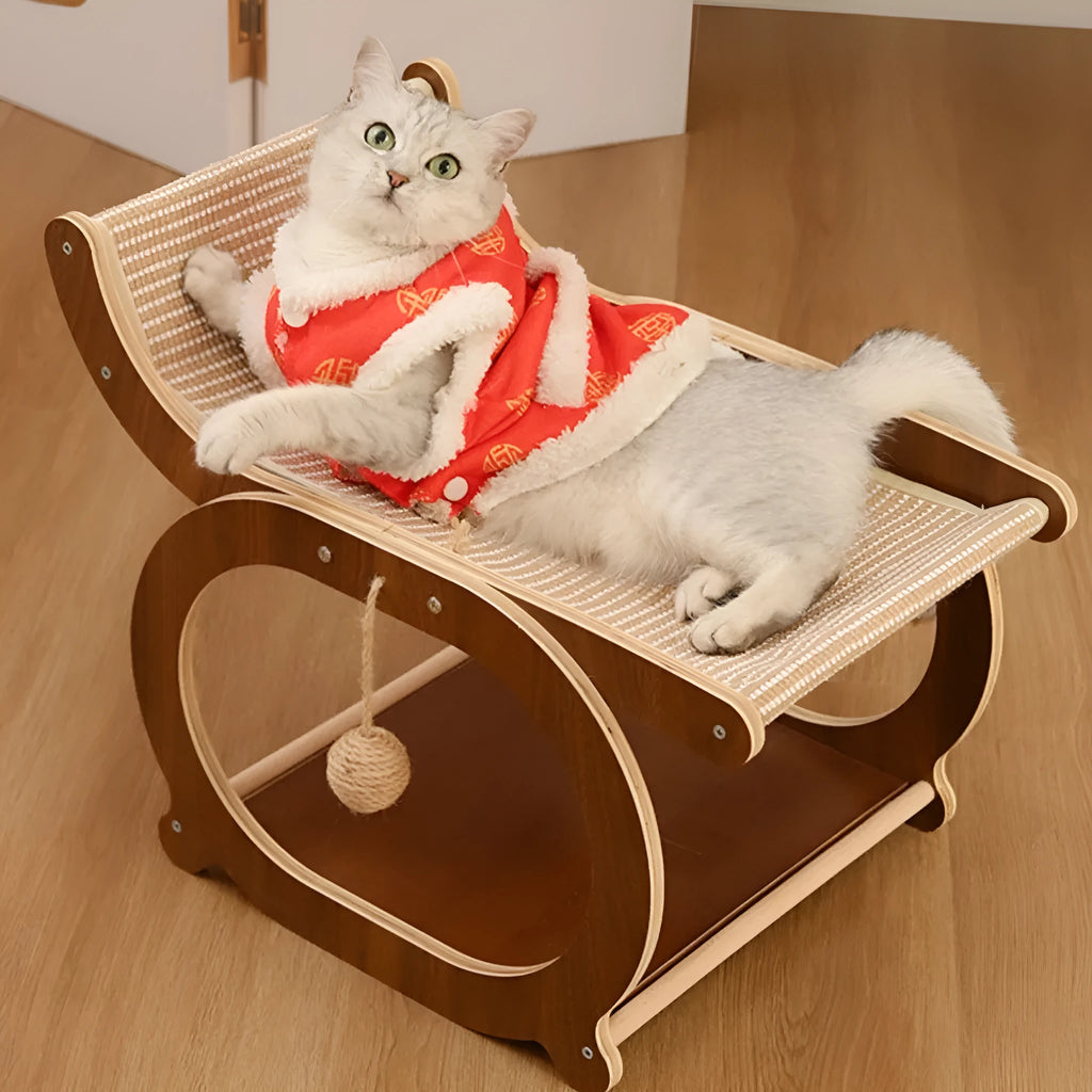 Solid wood cat scratcher bed with sisal matting in walnut colour finish