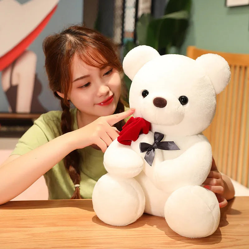 Rose bear plush doll in beige, brown, or grey colour with soft short plush fabric and cartoon design