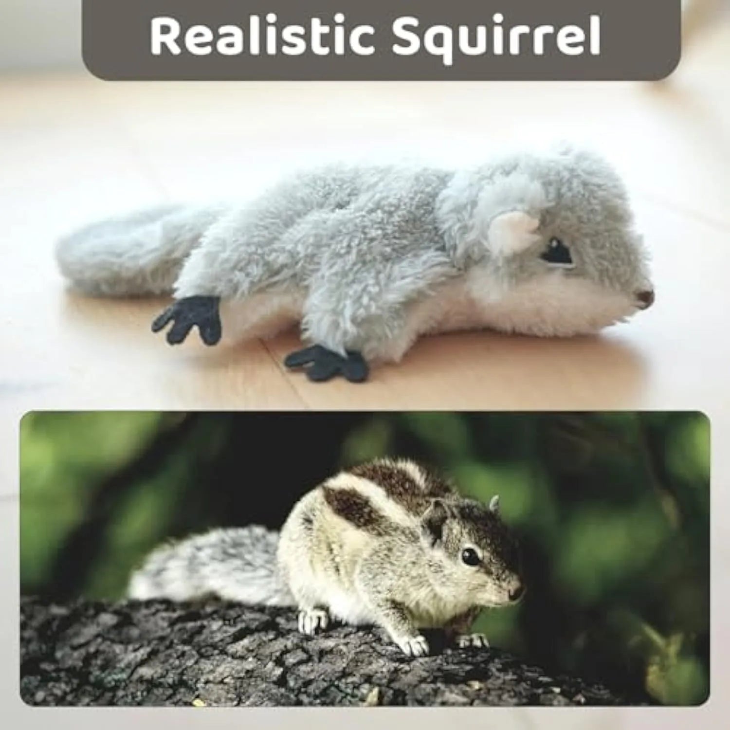 Grey flapping squirrel cat toy with electronic components for interactive feline play