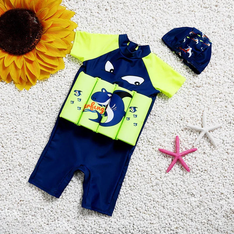 Unisex one-piece buoyancy swimsuit in Shark Boy pattern for swimming pool early education.