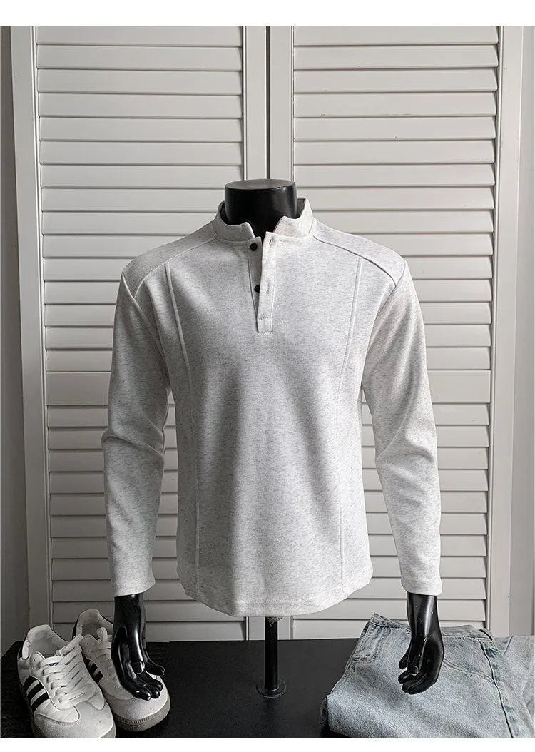 Men's long sleeve patchwork sweater with stand-up collar in heather gray Chinese cotton fabric