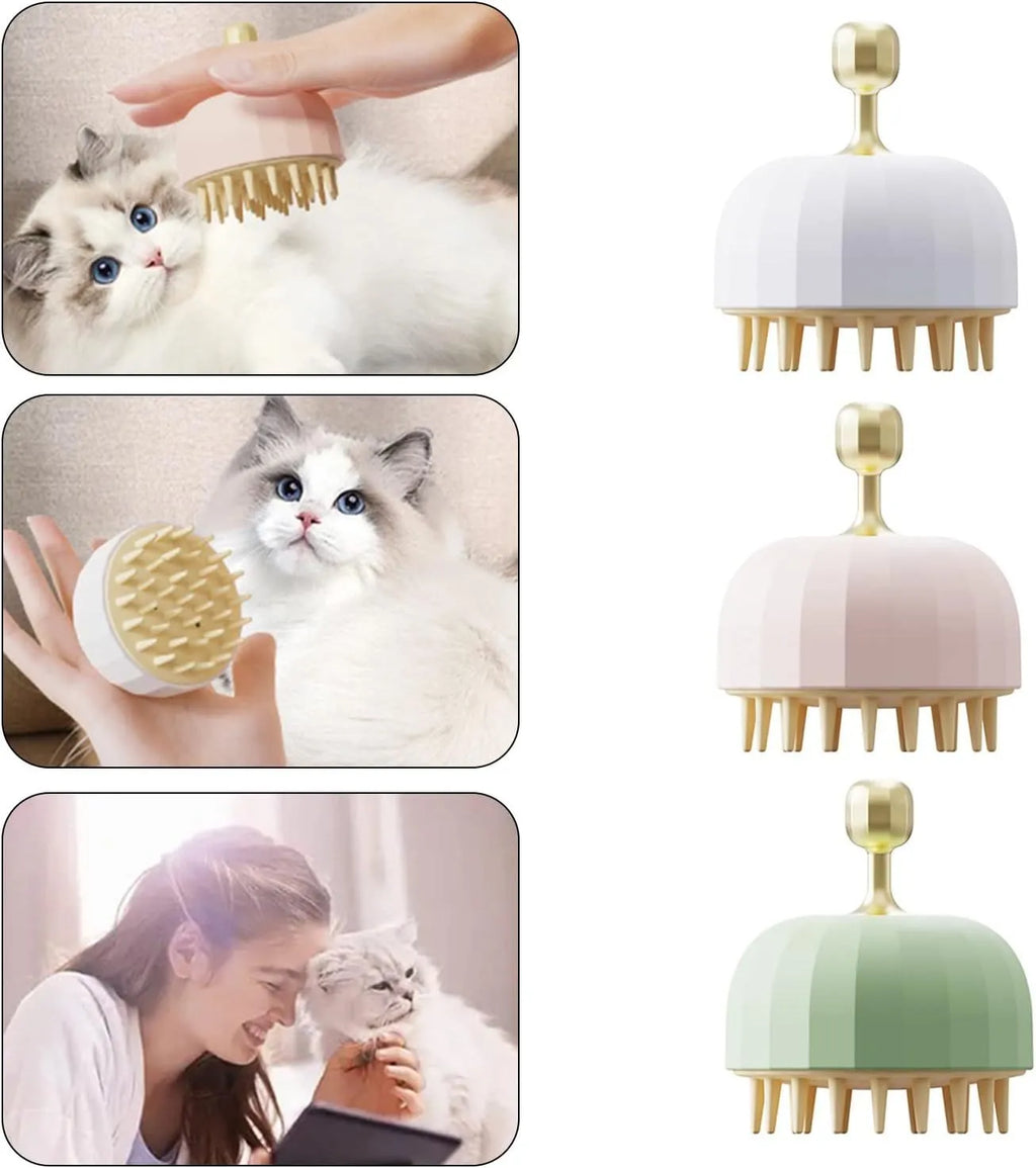 Green pet bath brush with soft bristles and drainage holes for dog and cat grooming