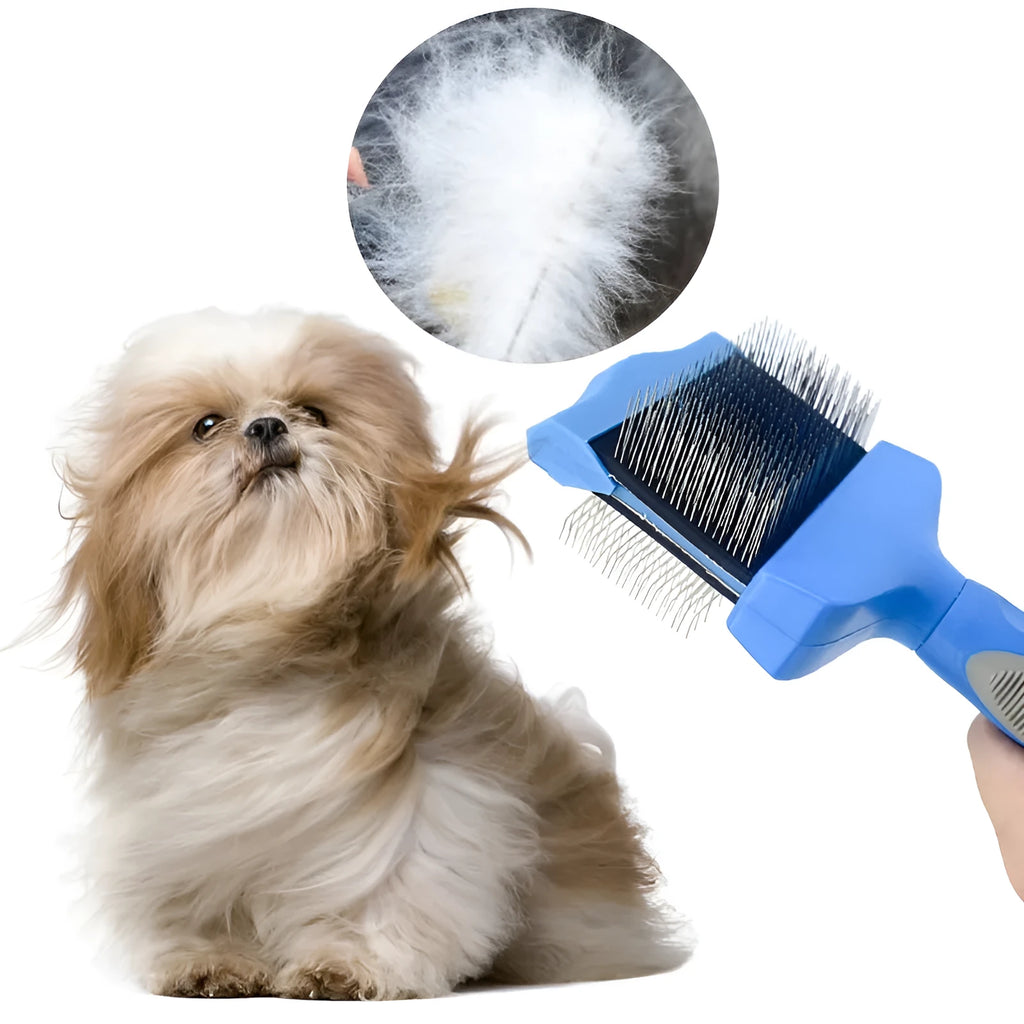 Blue and pink double-sided pet brushes showing soft bristles and stainless steel pins on a non-slip handle.