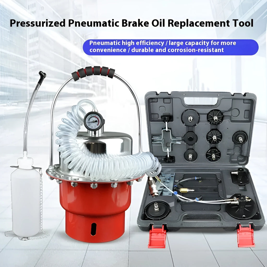 Pneumatic brake fluid replacement machine with pressure gauge and transparent drain pipe adapter
