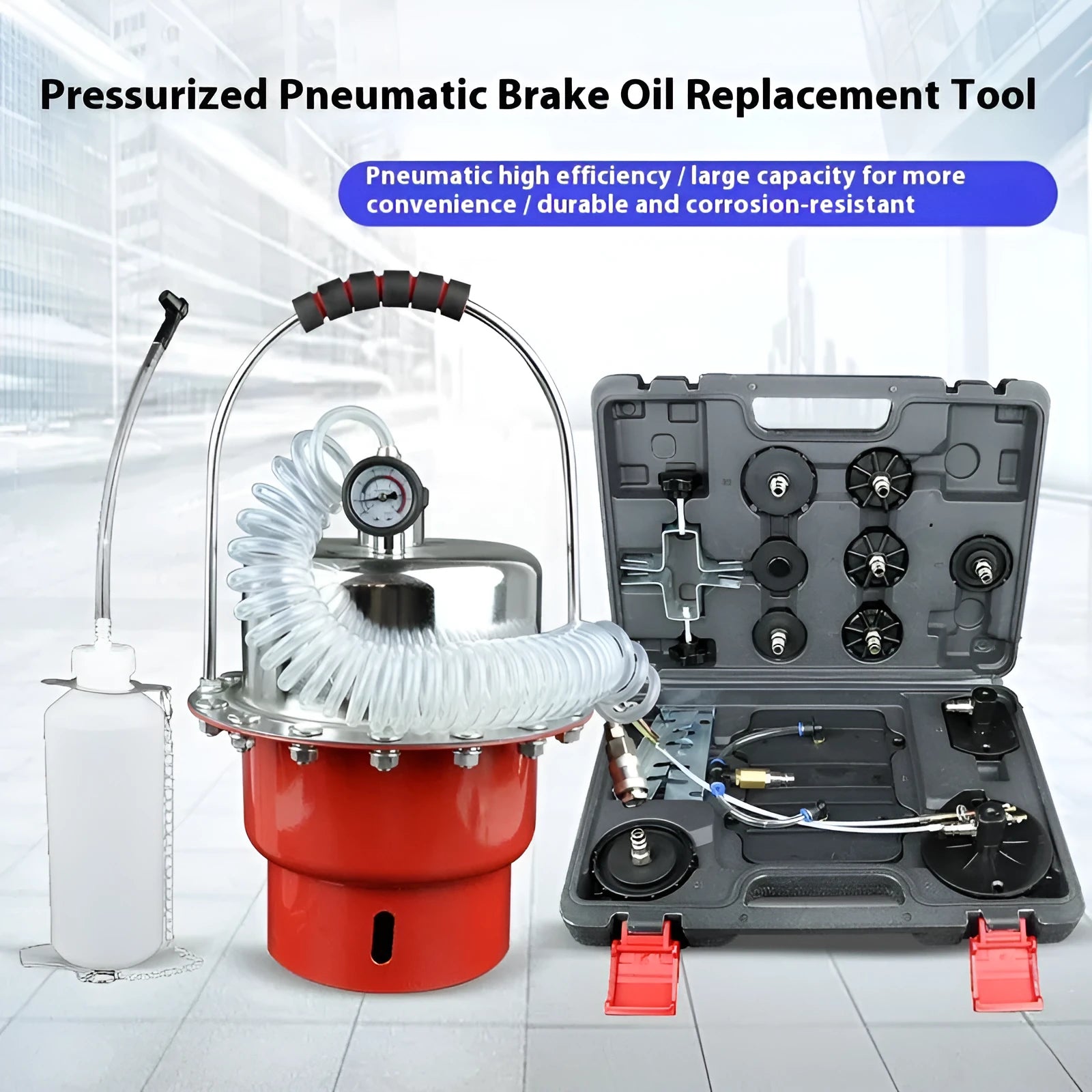 Pneumatic brake fluid replacement machine with pressure gauge and transparent drain pipe adapter