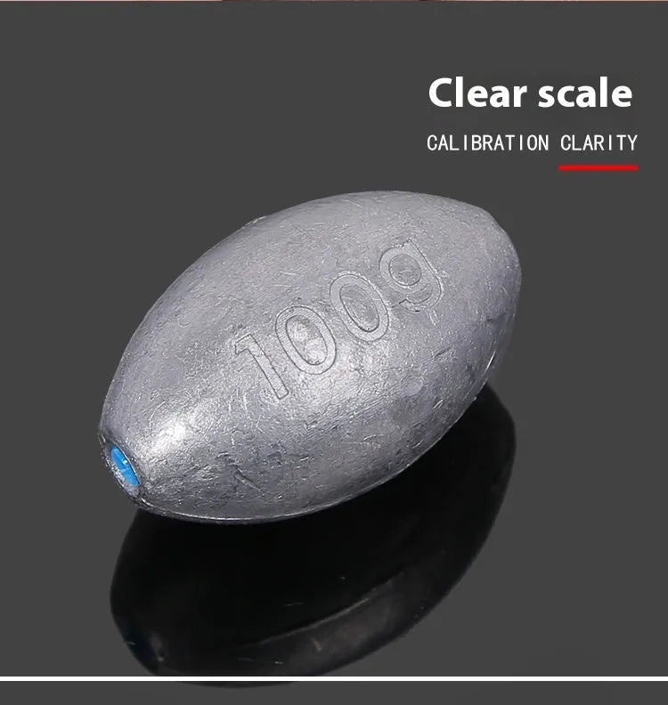 Rugby-shaped olive lead fishing sinker with textured Tongxin scale pattern, shown alongside weight options from 10g to 150g.