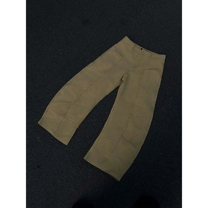 Men's khaki cotton straight-leg casual trousers in American retro style