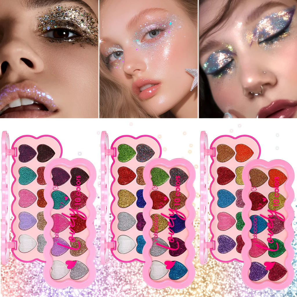 Ten-colour eye shadow palette with pearlescent heart and sequins finishes in a compact.