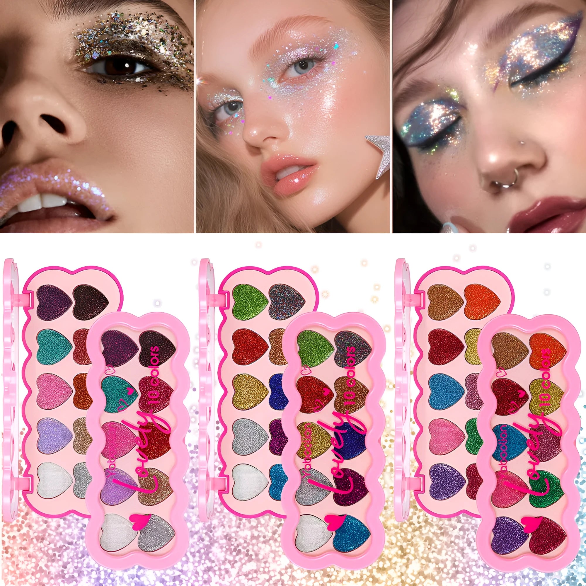 Ten-colour eye shadow palette with pearlescent heart and sequins finishes in a compact.
