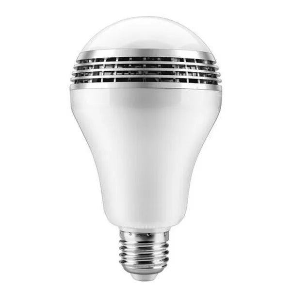 E27 smart LED bulb with Bluetooth speaker functionality showing 100mm diameter