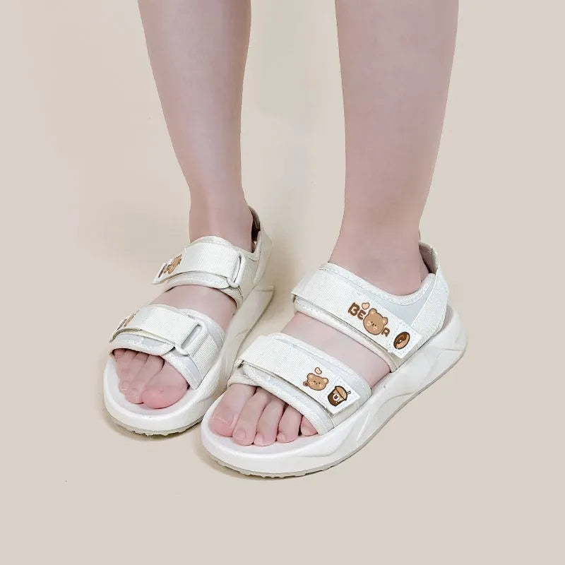 Women's open toe canvas sandals with Velcro fastening, mesh lining, flat rubber sole, Bear Bakery colour, sizes 35-40