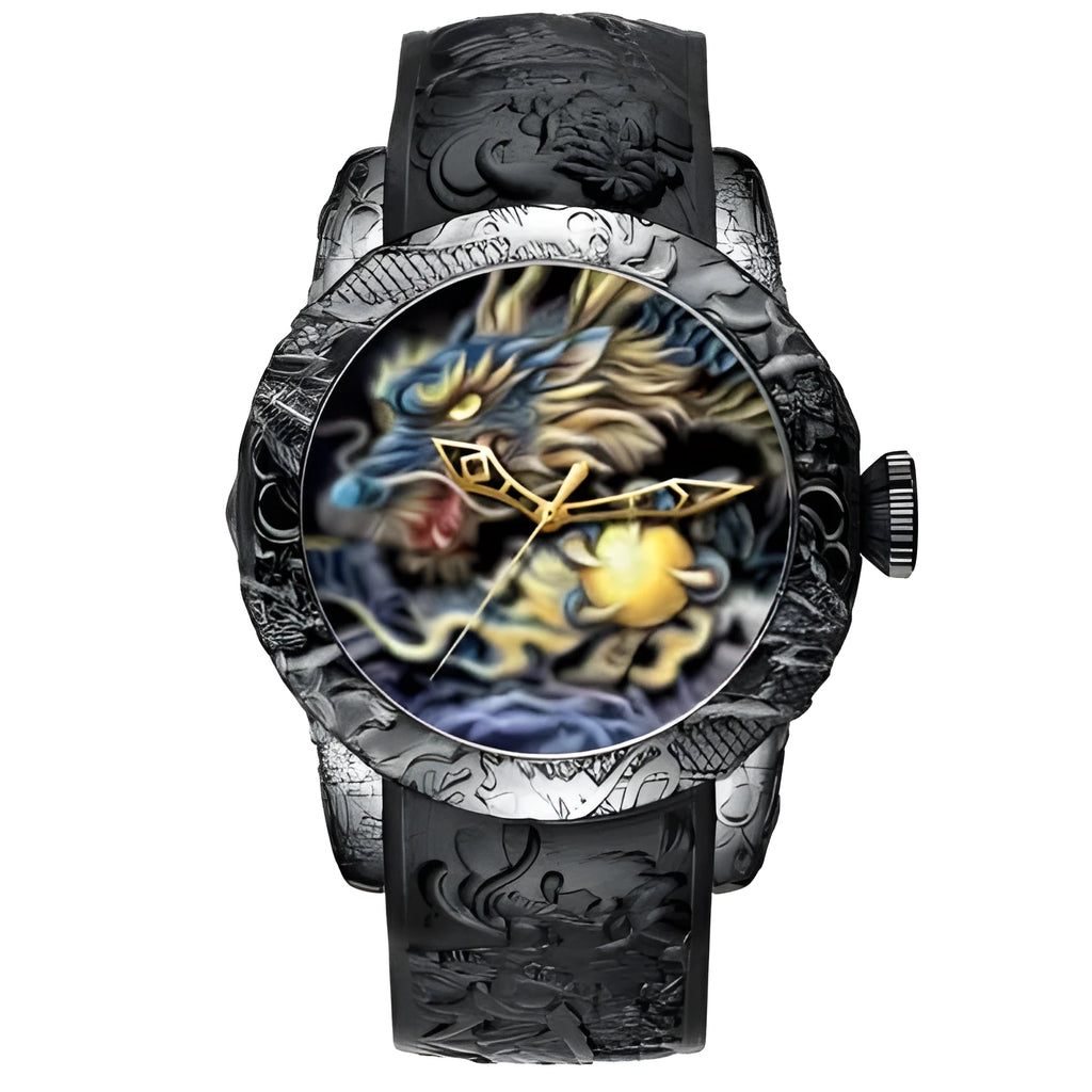Dragon pattern mechanical watch with black rubber band, 50mm case, and gold or black colour options