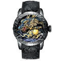 Dragon pattern mechanical watch with black rubber band, 50mm case, and gold or black colour options