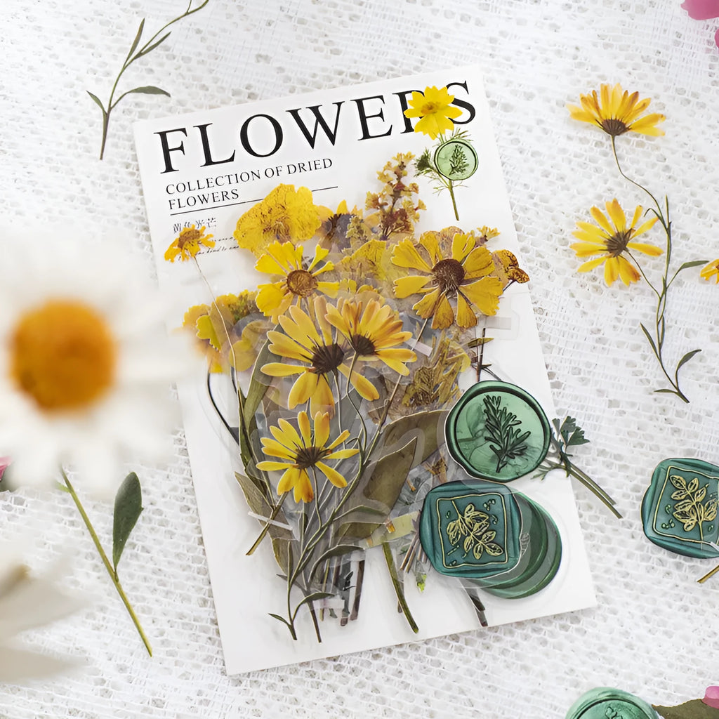 Creative dried flowers decoration sticker package showing 8 modern art colour styles on PET material