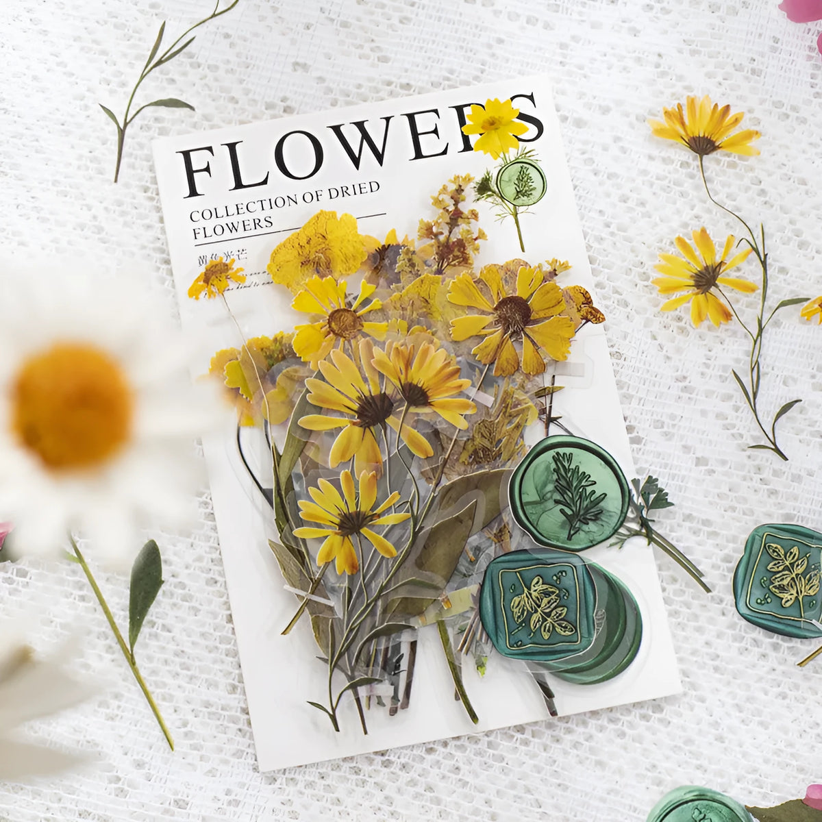 Creative dried flowers decoration sticker package showing 8 modern art colour styles on PET material