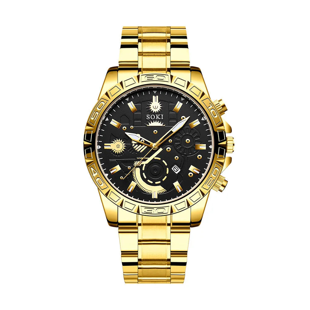 Men's gold stainless steel business quartz watch with calendar on steel bracelet