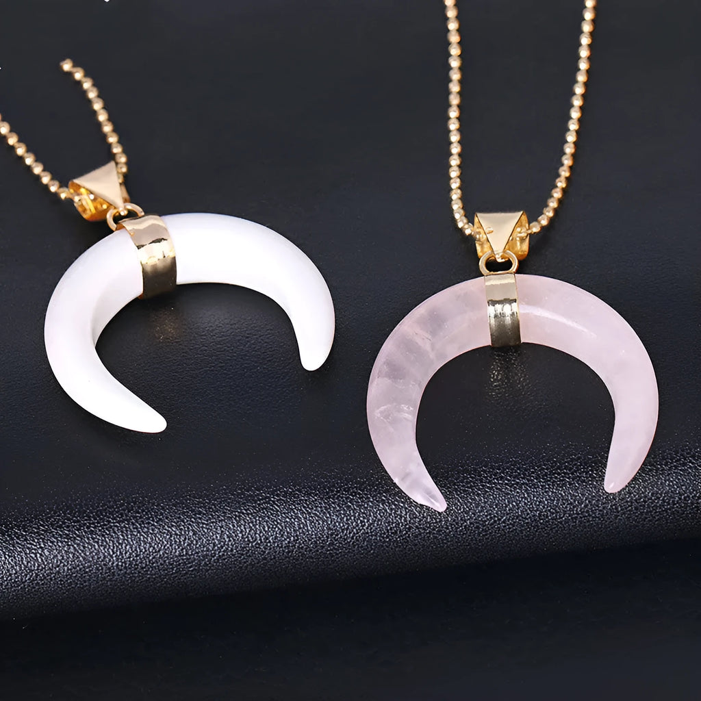 Pink or purple natural crystal moon pendant necklace on a 45cm copper chain.