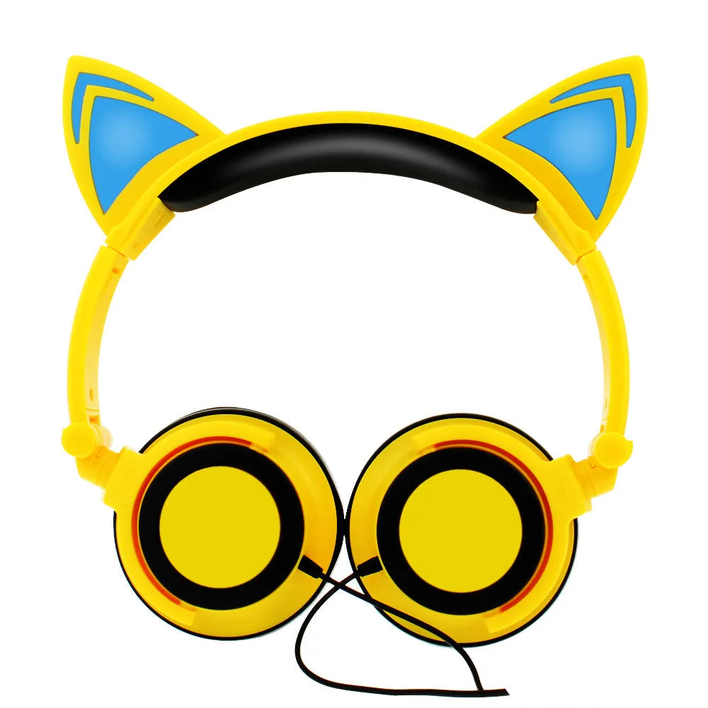 Black cat ear headphones with glowing pink LED lights on the ears and ear cushions.