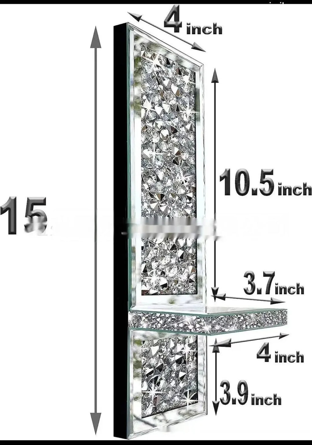 Pair of modern silver mirror wall candle holders with crystal candlesticks, dimensions 10x11x38cm.