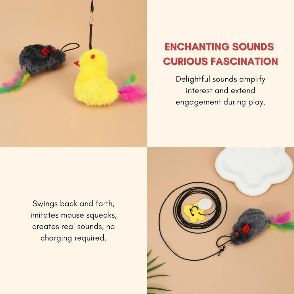 Grey and yellow retractable hanging cat toy with treat dispenser and dangling mouse attachment