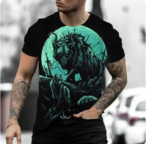 Men's short-sleeved T-shirt with retro 3D animal digital print on thin bird eye cloth polyester fabric