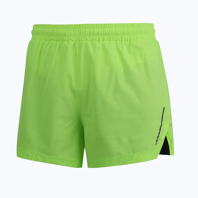 Men's quick-dry marathon running shorts in fluorescent green, showing straight-leg short style.