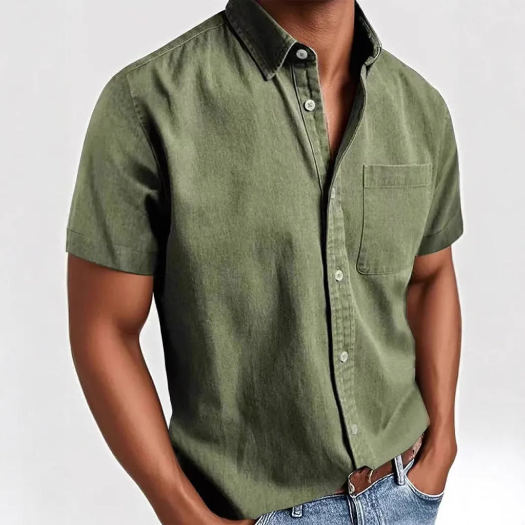 Men's loose fit short sleeve cardigan shirt in cotton blend fabric showing single-breasted design