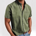 Men's loose fit short sleeve cardigan shirt in cotton blend fabric showing single-breasted design
