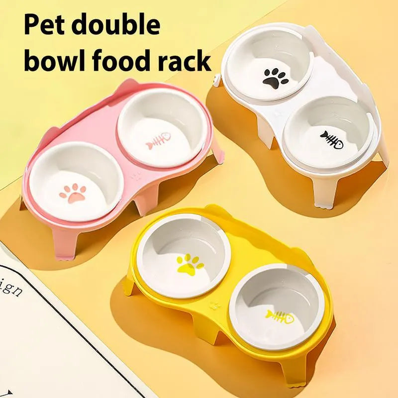 Blue ceramic cat food and water bowl set on a white elevated stand with a storage hook.