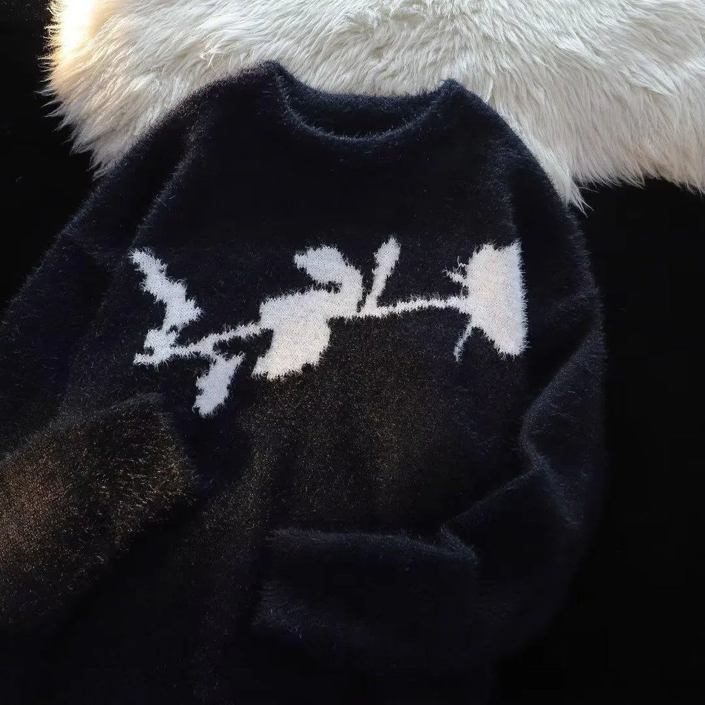 American dark rose flocking horse sweater for men, long sleeve cotton-polyester pullover in Black