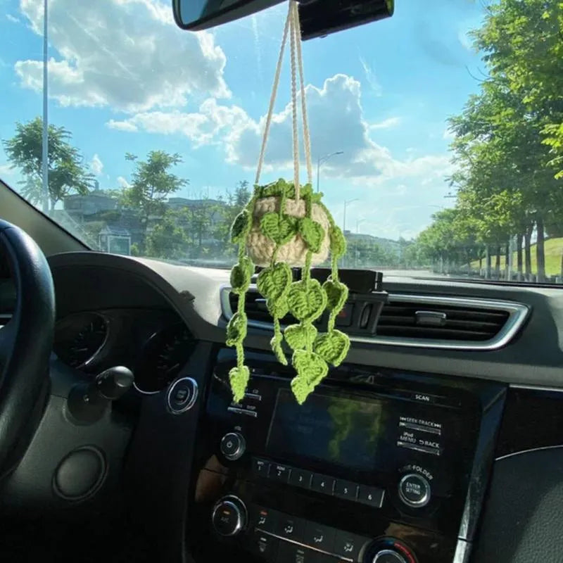 Green and white knitted wool macramé car air plant holder with hanging cord