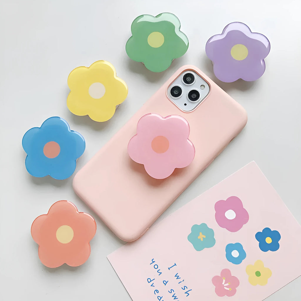 Plastic mobile phone airbag bracket desktop stand flower design colour options blue green orange pink purple yellow
