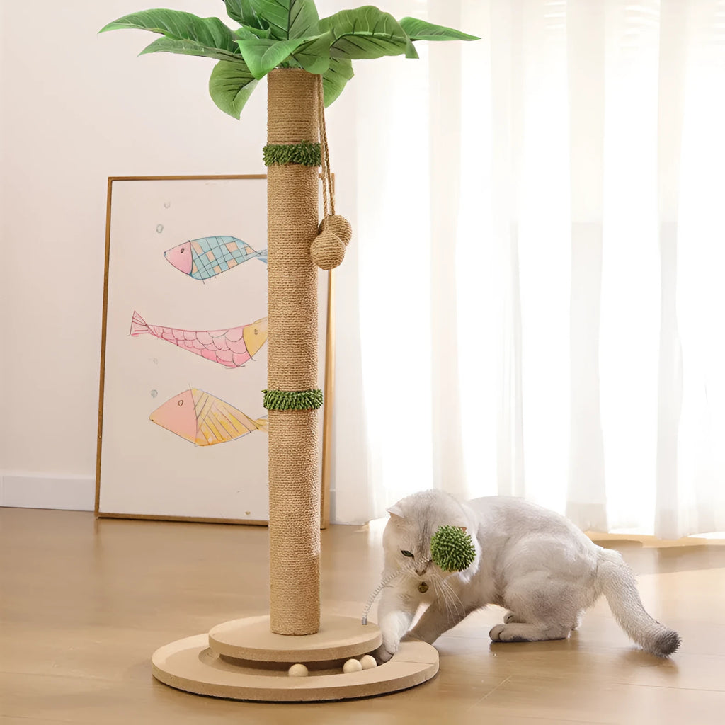 Vertical cat climbing frame with hemp rope wrapped columns and density board panels in canna colour