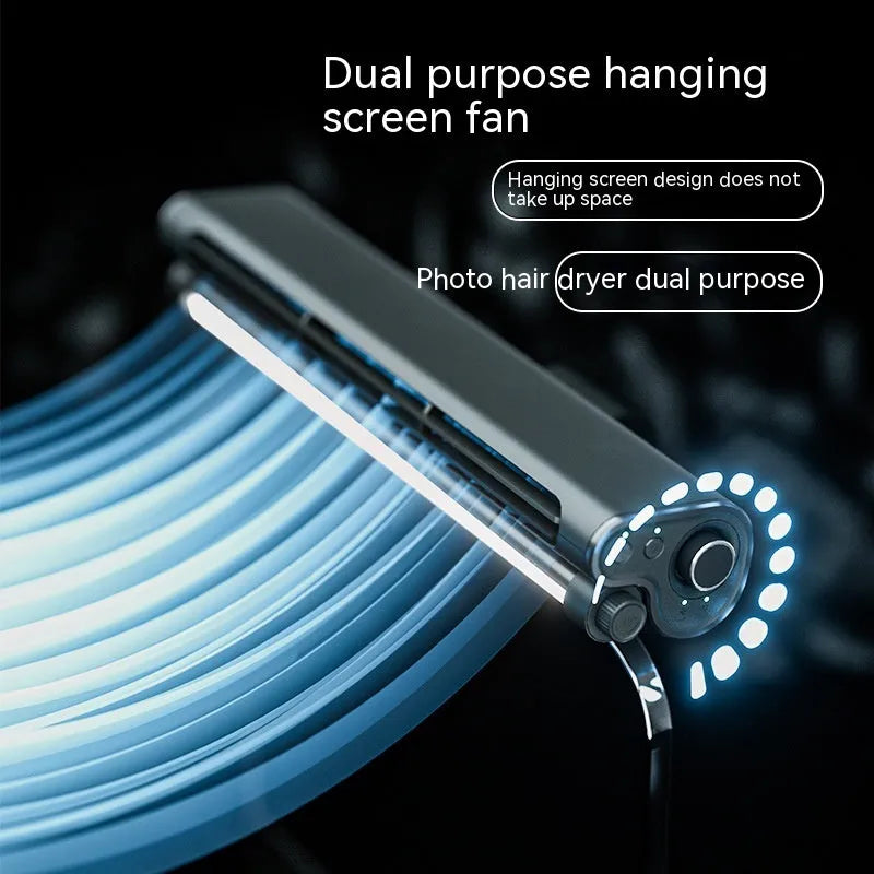 Black bladeless USB desk fan with clip-on screen attachment and adjustable LED lighting lamp