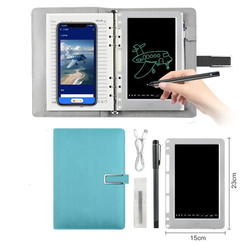 85-inch electronic writing pad with stitching design in dark blue, shown with smart pen and USB cable.