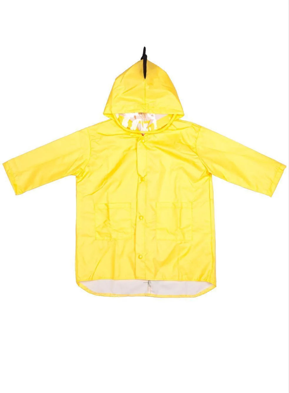 Dinosaur raincoat for kids in red or yellow, hooded design, sizes S to 3XL with size chart measurements