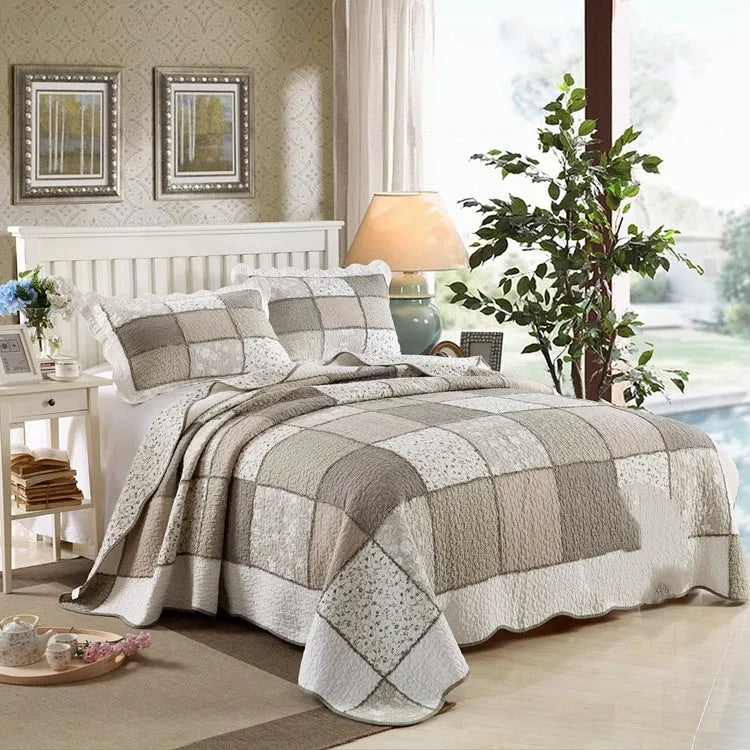 Pure cotton quilted bedspread three-piece set showing bed cover and pillowcases