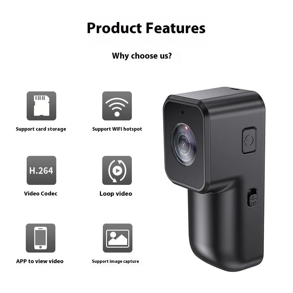 Black WiFi sports camera recorder, 61.5 x 27 x 27 mm, with wristband riding bracket, back clip, and pet strap.