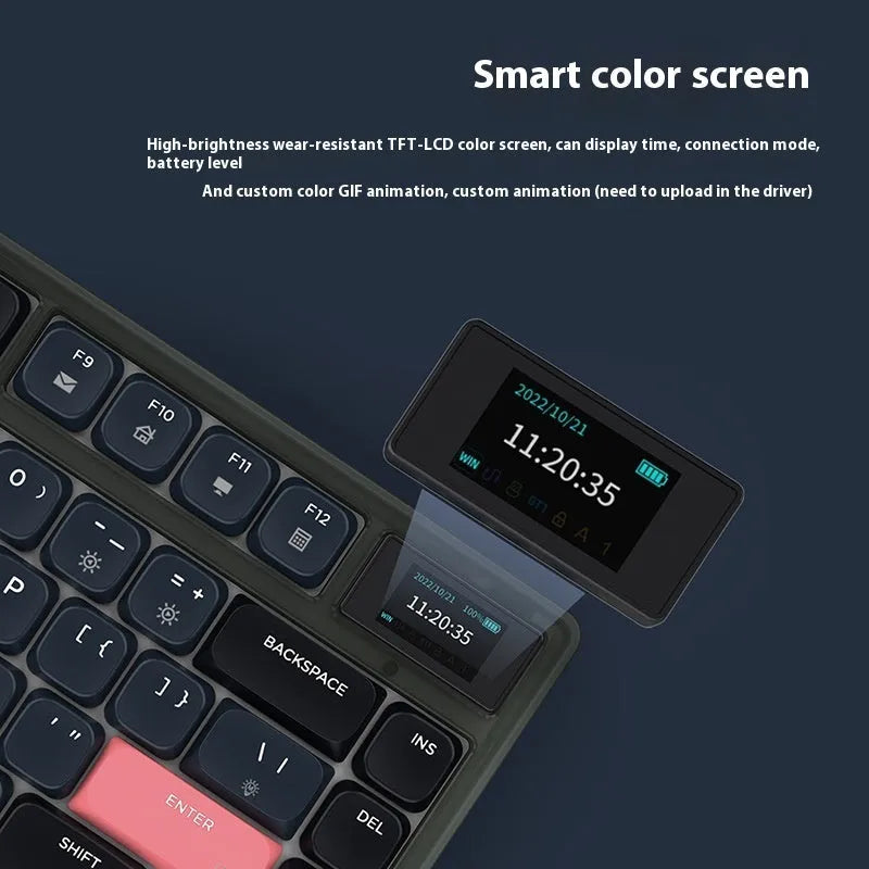 Ajazz AK832PRO three-mode mechanical keyboard with colour screen on a desk